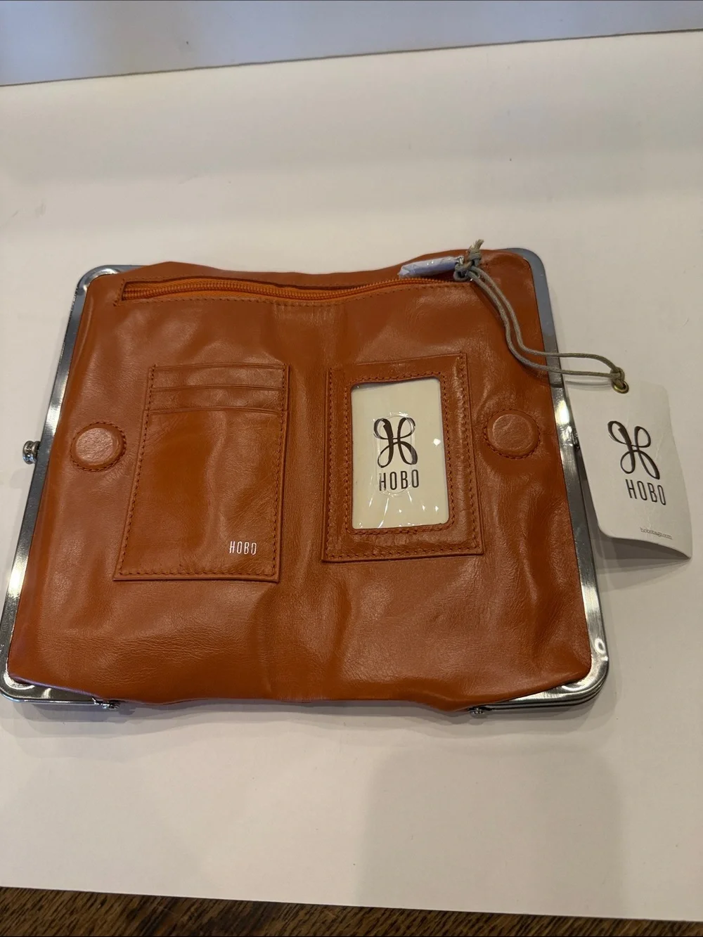 NWT HOBO Leather Kiss-Lock Clutch in Warm Brown